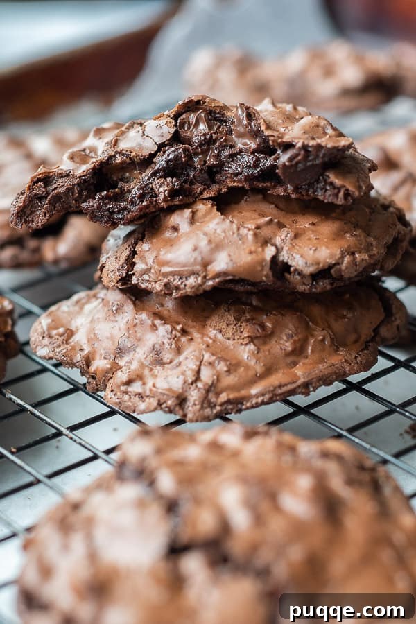 Intensely Fudgy Flourless Chocolate Chews 3 A stack of freshly baked flourless chocolate cookies resting on a cooling rack, showing their perfectly rounded shape and crackled tops.