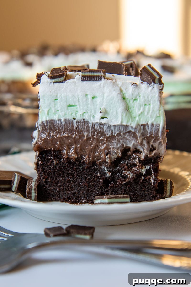 A perfectly sliced piece of Andes Mint Chocolate Pudding Poke Cake, showcasing its distinct layers of moist chocolate cake, creamy chocolate pudding, and vibrant green mint topping, served on a white plate.