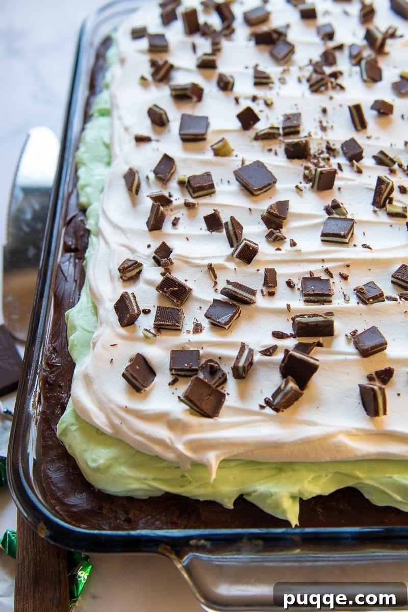 A top-down view of the finished Andes Mint Chocolate Pudding Poke Cake, showing its vibrant green mint topping, chocolate drizzles, and crushed Andes Mints, ready to be served with a dessert spatula.