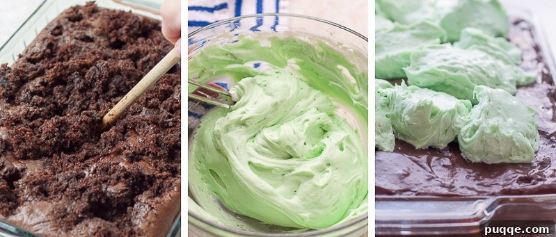 A collage of three images showing the process of making Andes Mint Chocolate Pudding Poke Cake: mixing cake batter, poking holes in the baked cake, and pouring warm pudding over it.