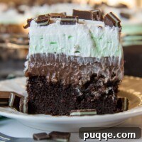 A slice of Andes Mint Chocolate Pudding Poke Cake on a white plate facing straight on camera