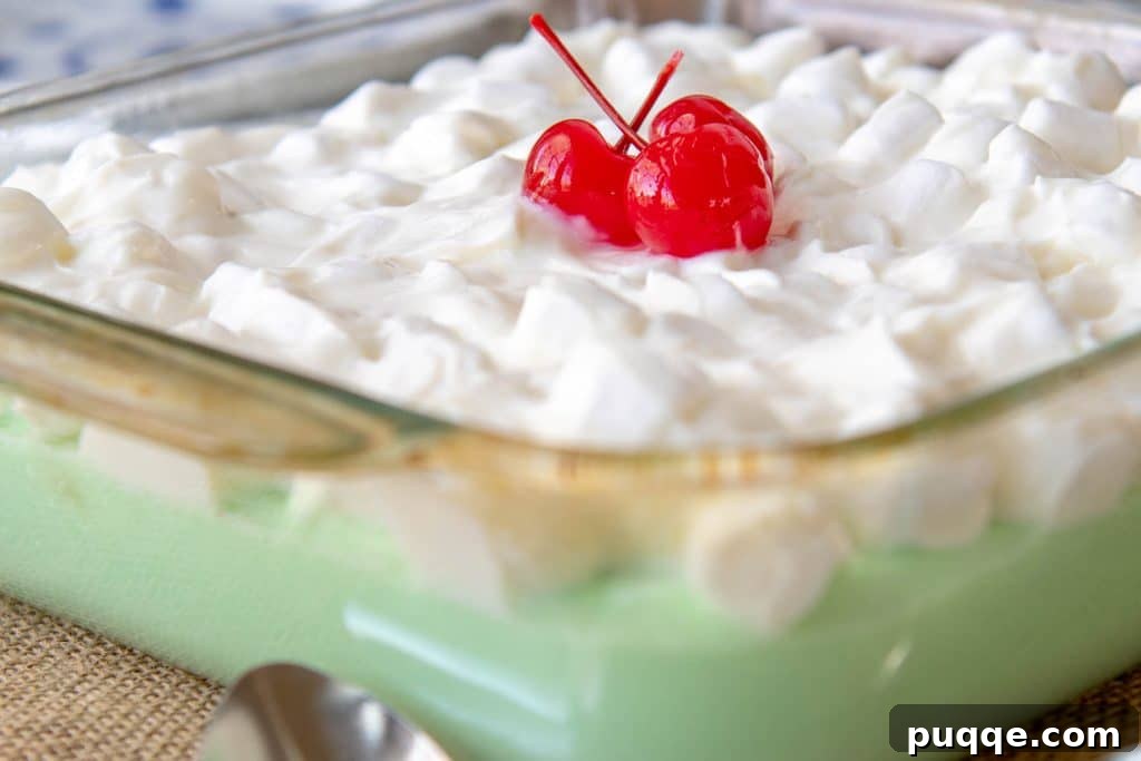 A vibrant lime Jello salad with cream cheese in a glass dish, topped with fluffy mini marshmallows.