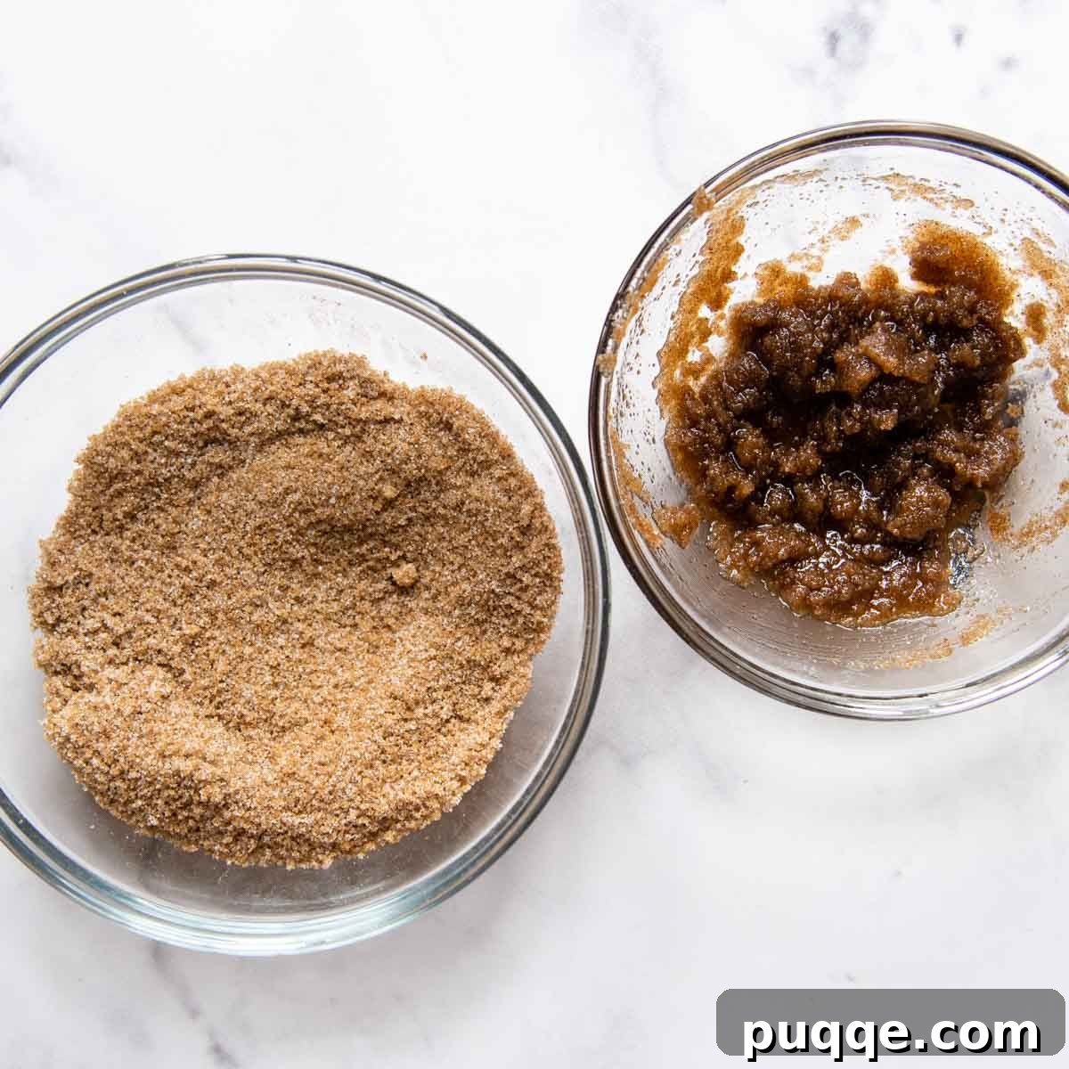 Two bowls of cinnamon sugar mixture, one dry and one with melted butter.