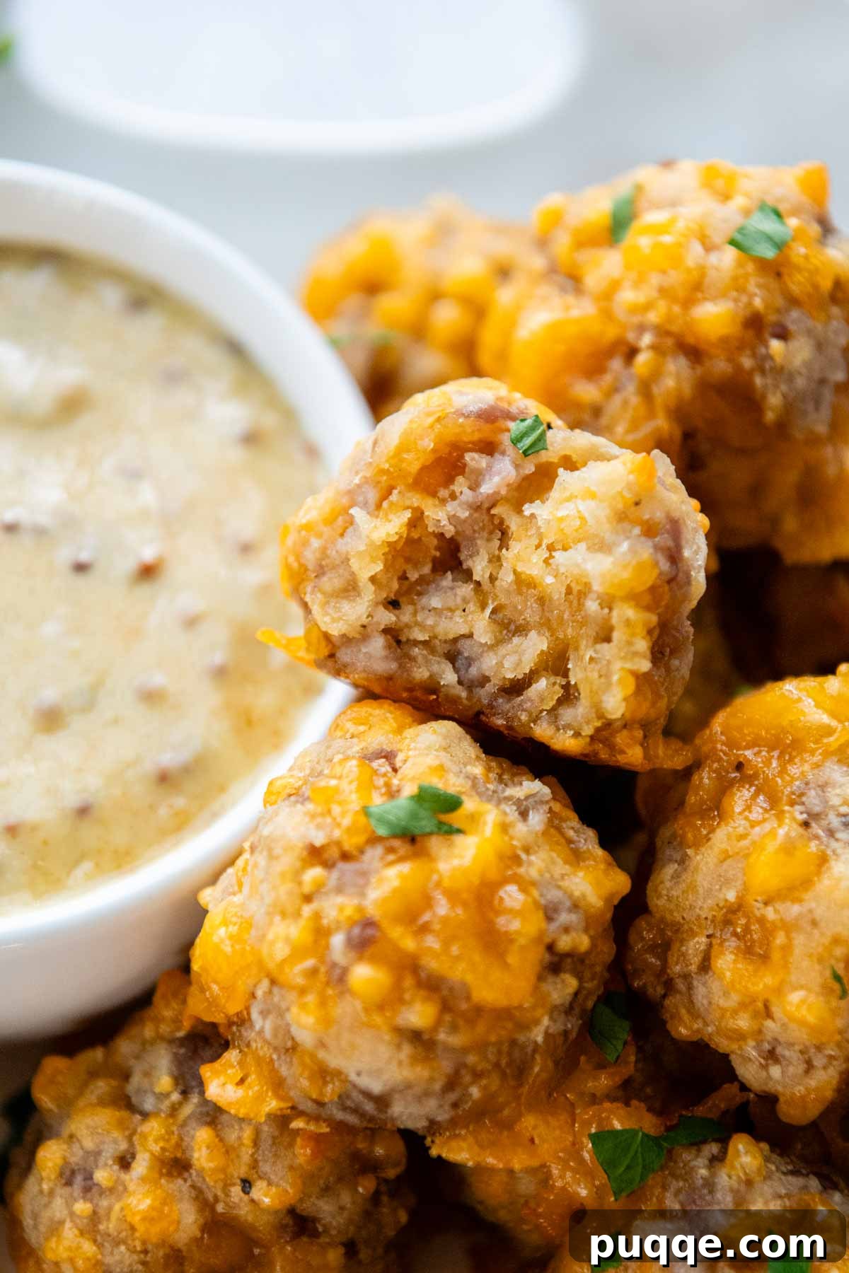 A perfectly baked gluten-free sausage ball with a bite taken out, showing the cheesy interior, with a bowl of hot honey mustard dipping sauce blurred in the background.