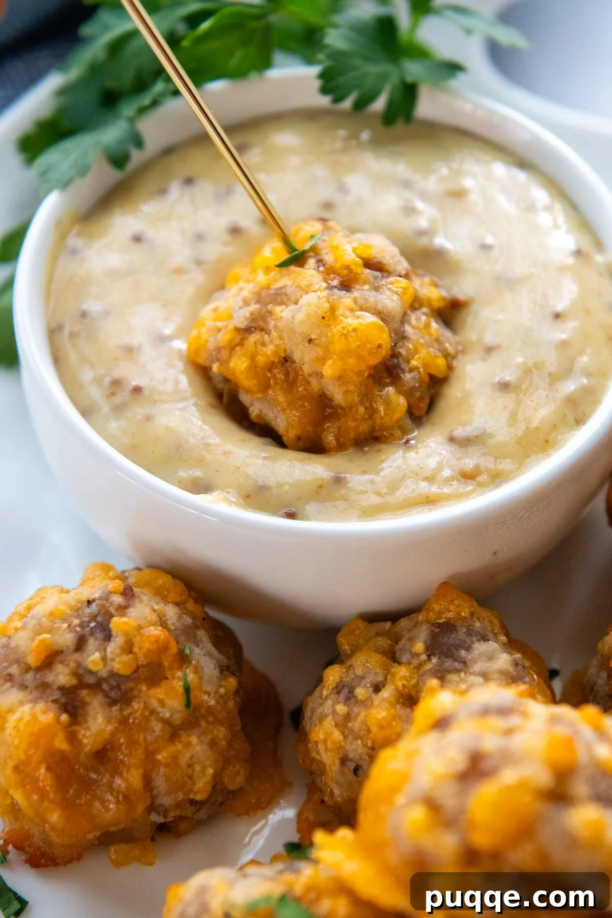 A golden gluten-free sausage ball being dipped into a small bowl of spicy sweet hot honey mustard sauce, highlighting the delicious pairing.