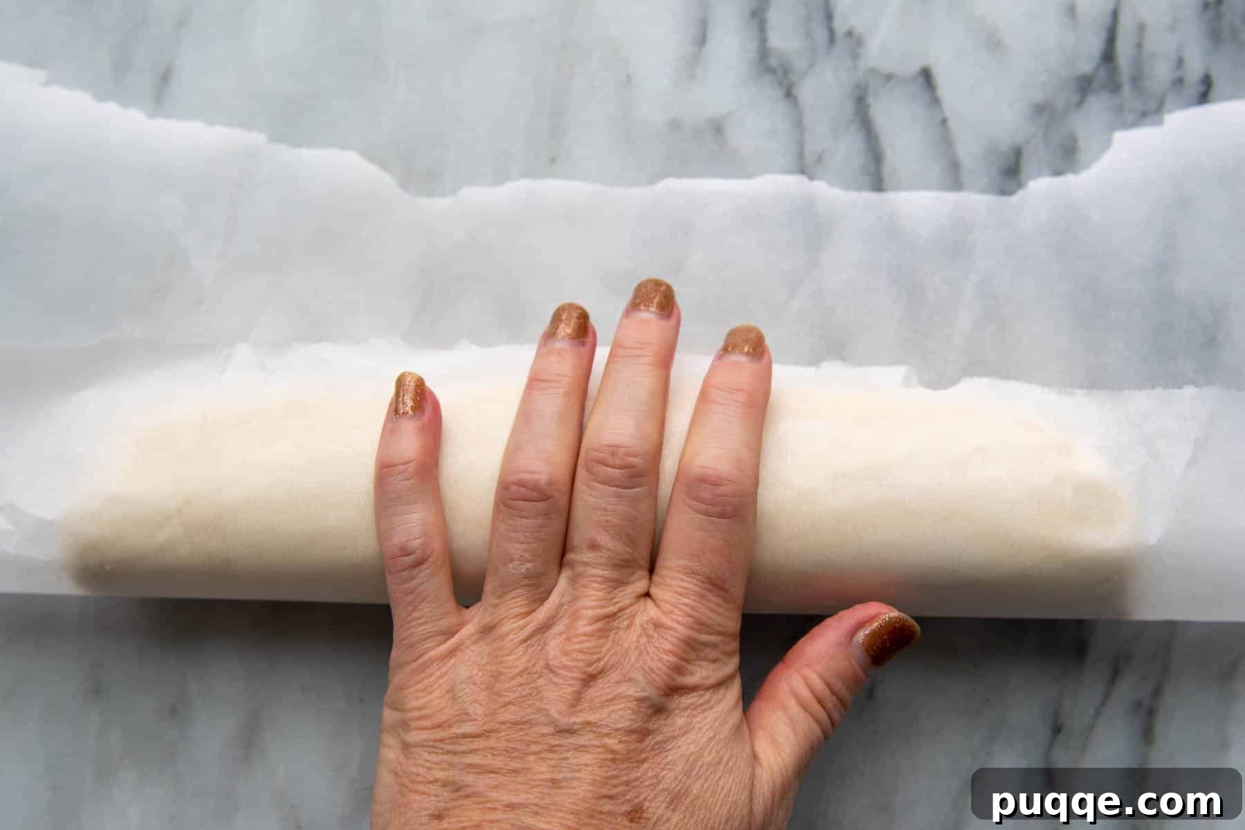 a hand rolling dough with parchment.