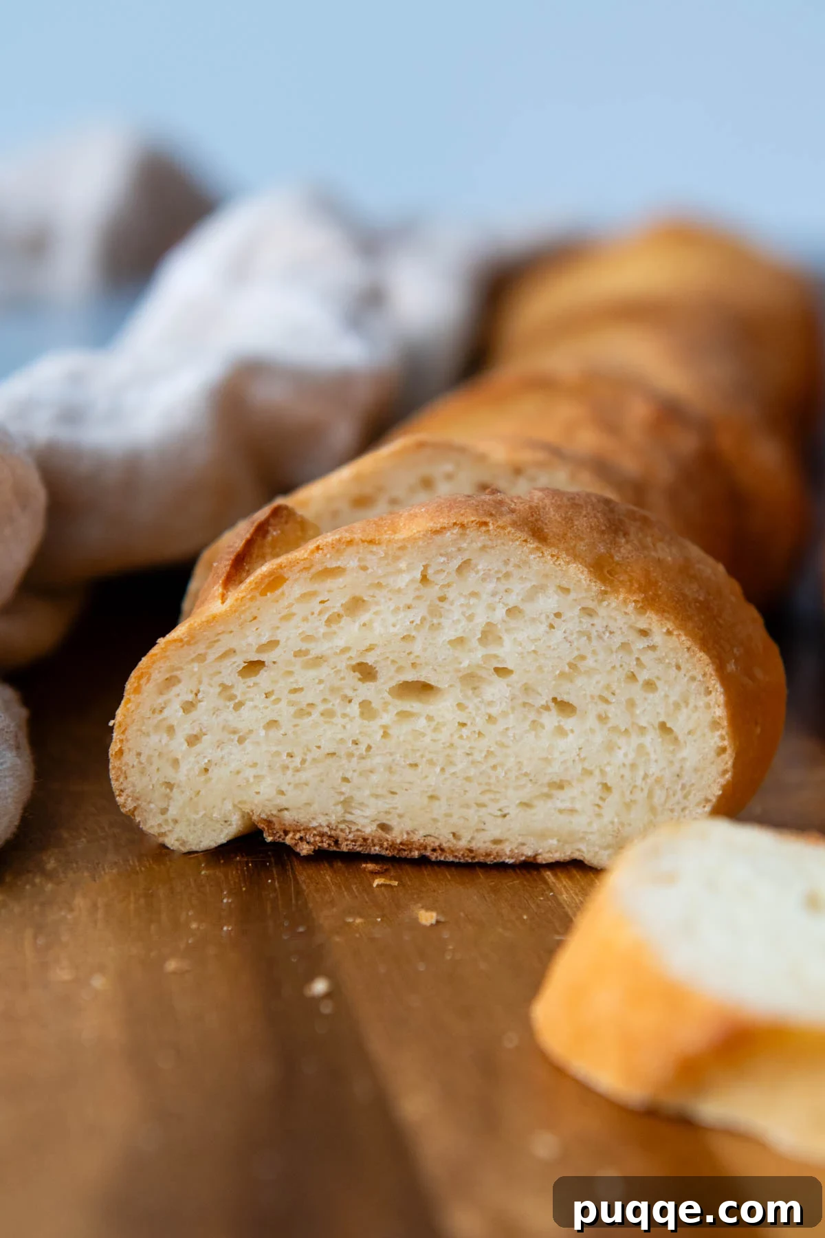 A freshly baked gluten-free French bread baguette on a wooden cutting board, ready to be sliced.