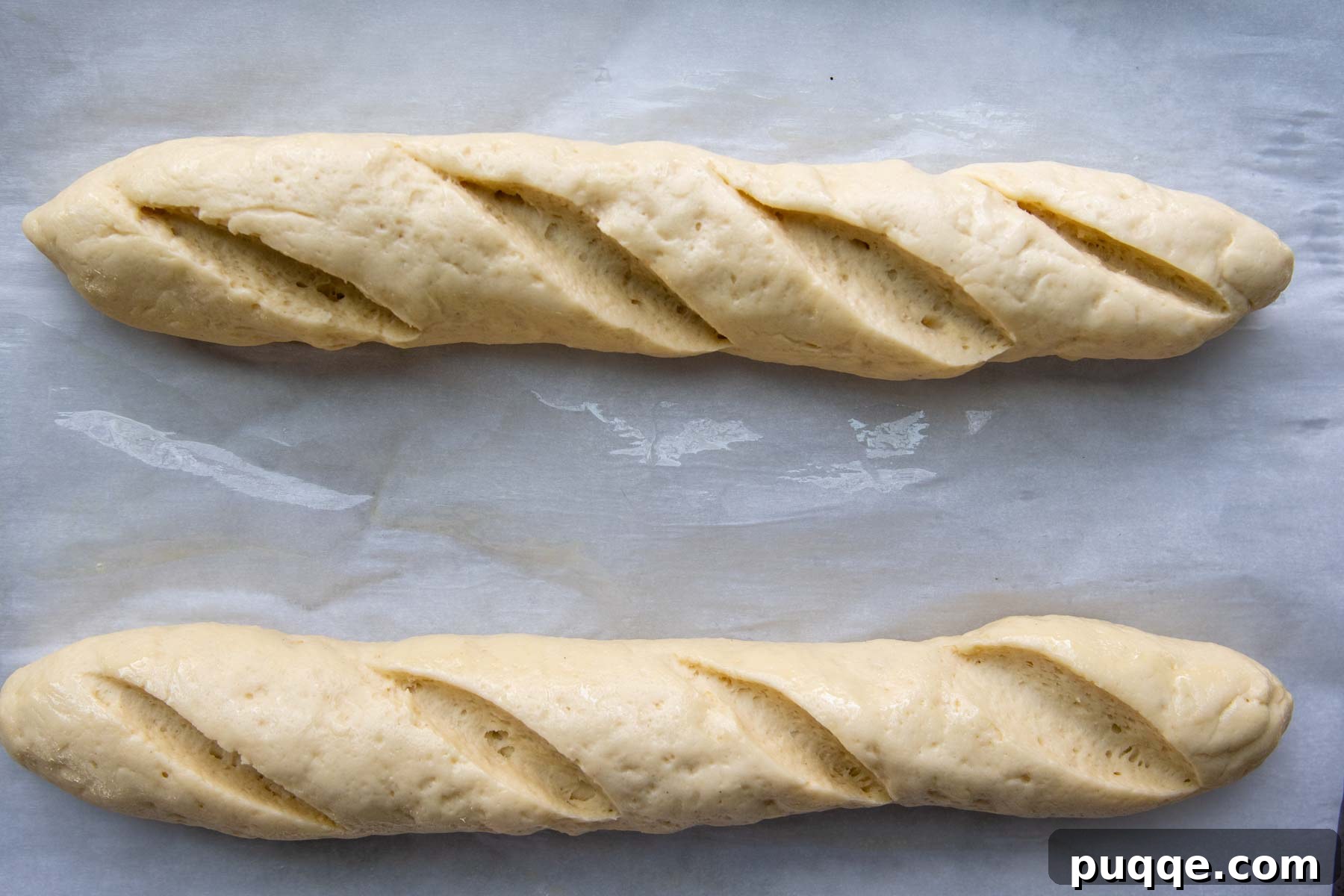 Gluten-free baguettes slightly risen after 30 minutes, covered with plastic wrap.