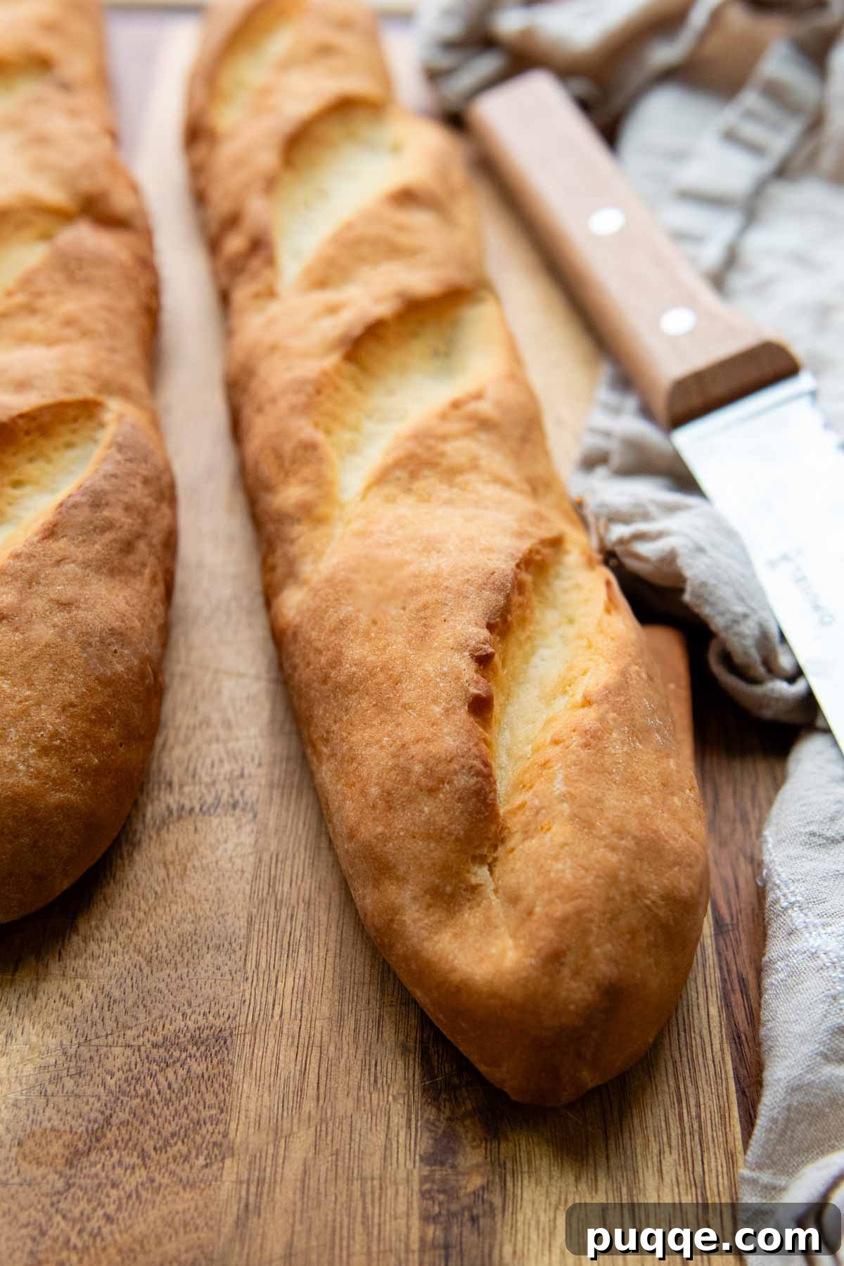 Two perfectly baked gluten-free baguettes cooling on a wooden cutting board.