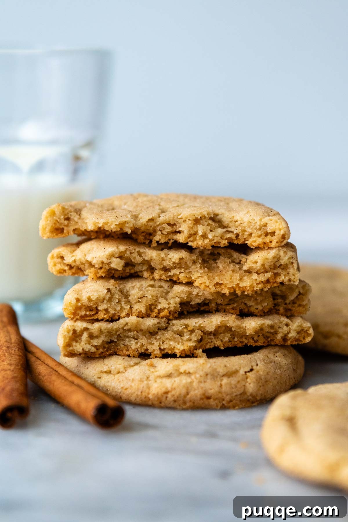 A beautifully stacked set of four gluten-free snickerdoodle cookies, with one broken in half to reveal its soft, chewy interior.