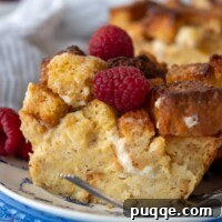 Close up of a slice of moist gluten-free French toast casserole.