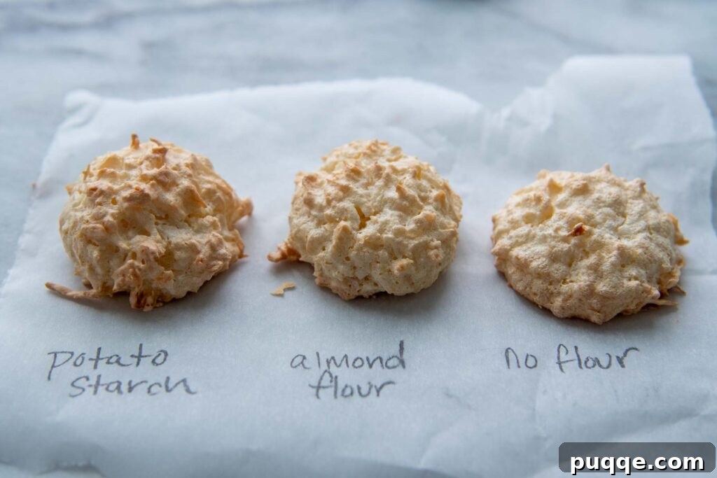 Featherlight Gluten-Free Coconut Delights 3 showing difference between potato starch, almond flour, and flourless gluten-free macaroons, top angle.
