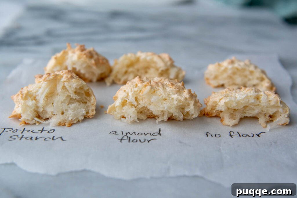 Featherlight Gluten-Free Coconut Delights 4 showing difference between potato starch, almond flour, and flourless gluten-free macaroons, side angle.