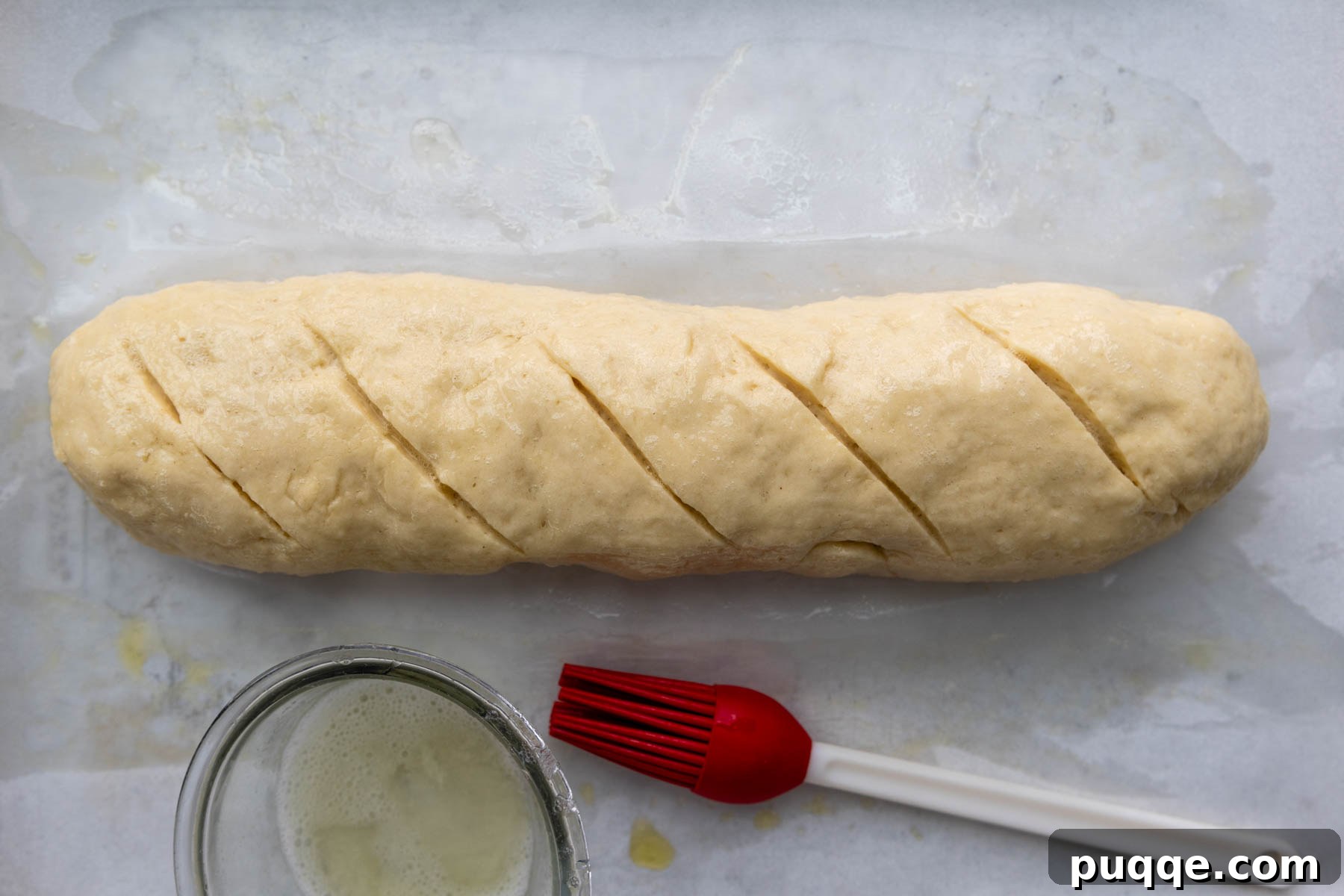 Effortless Homemade Gluten-Free Italian Bread 7 Unbaked gluten-free Italian bread brushed with egg white, ready for the oven, with a pastry brush alongside.