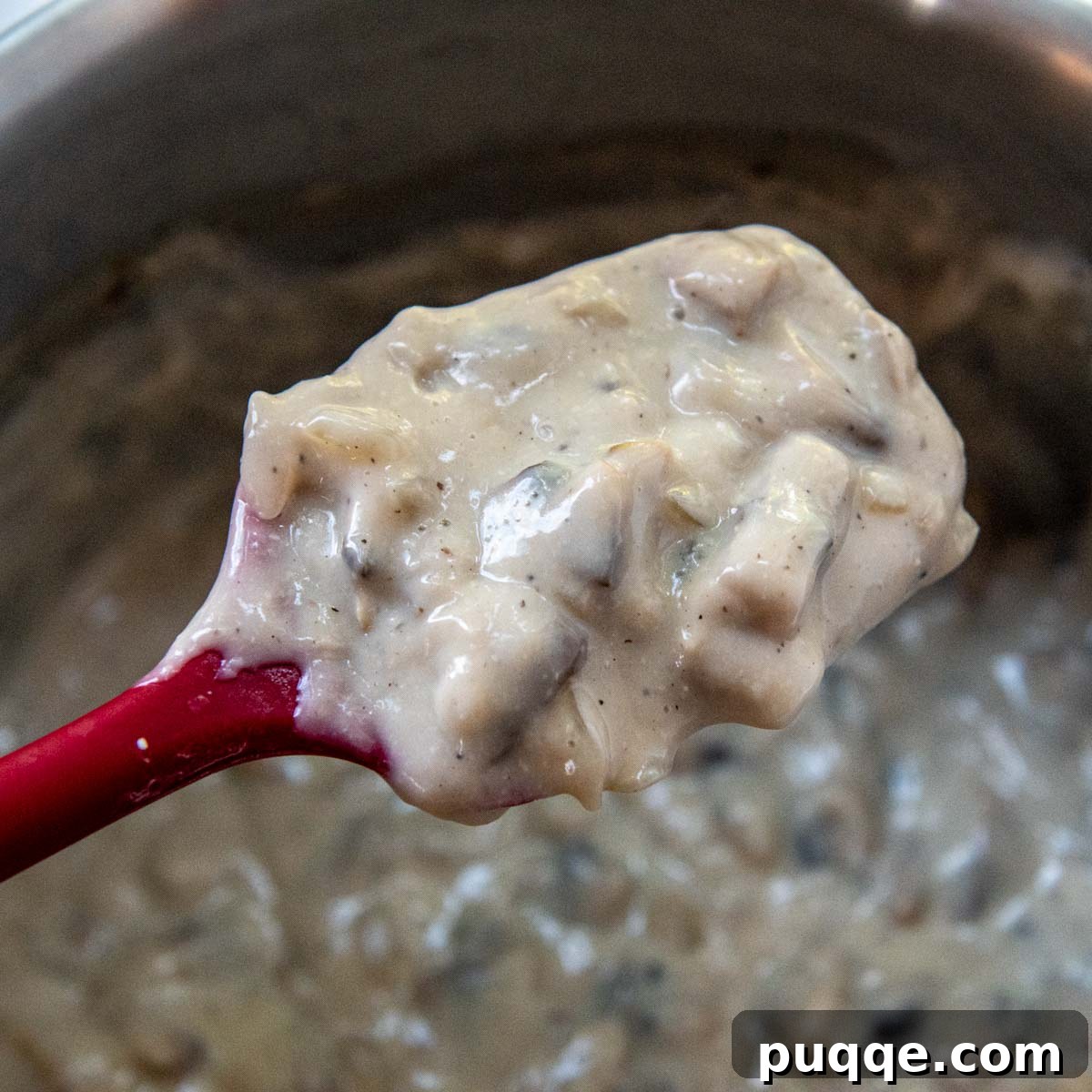 Wholesome Gluten-Free Tuna Noodle Casserole 3 a spoon holding up mushroom sauce.