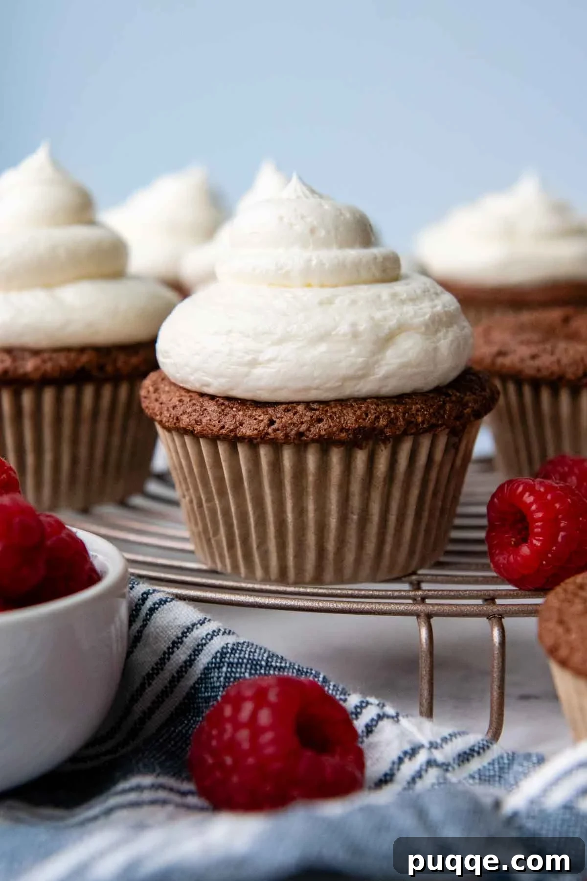 Pillowy Chocolate Almond Flour Cupcakes Gluten Free 2 chocolate cupcake on a cooling rack and raspberries scattered around.