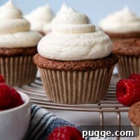 chocolate cupcake on a cooling rack and raspberries scattered around.