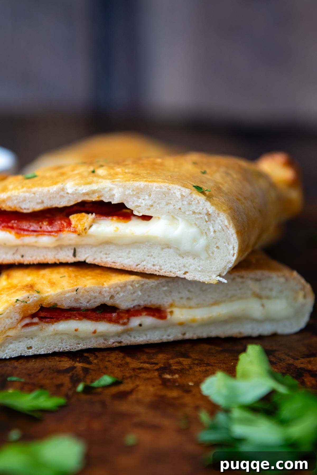 Pillowy Soft Gluten-Free Calzones 11 A perfectly baked gluten-free calzone, expertly cut open, revealing luscious, stretchy melted cheese and delicious fillings oozing from its tender, golden crust.