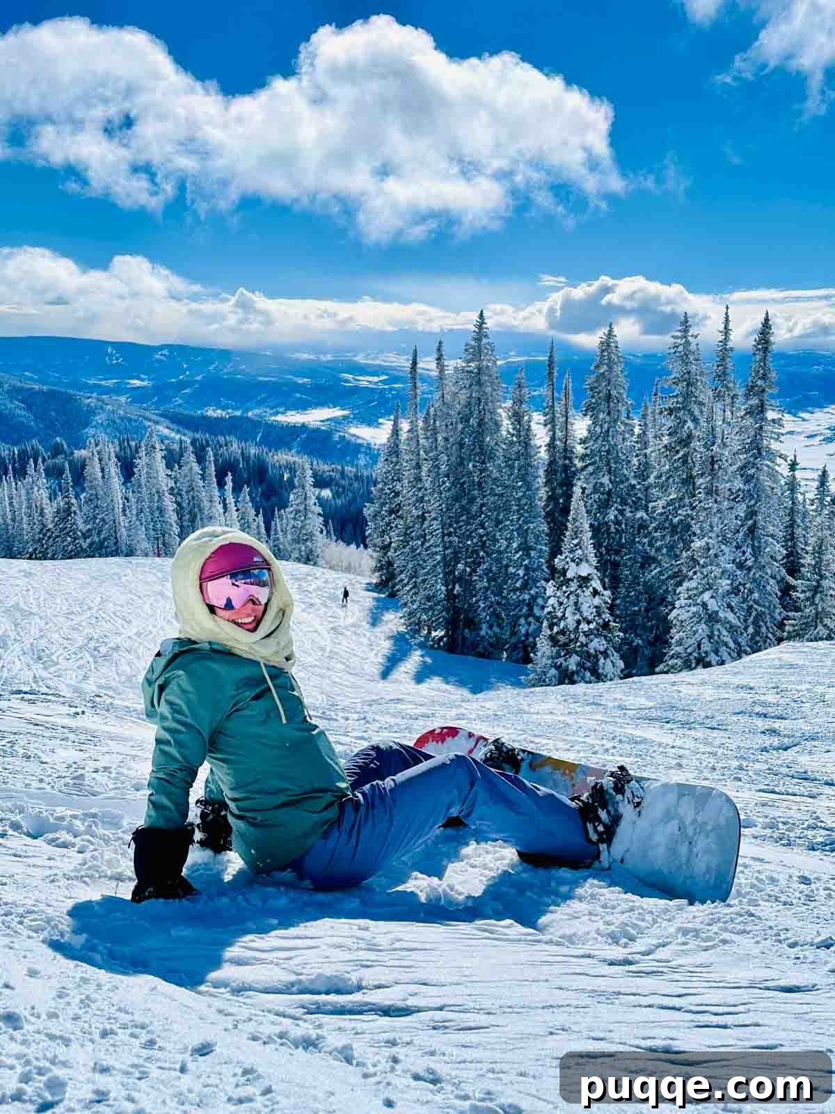 Melissa Erdelac enjoying snowboarding down a pristine slope in Steamboat Springs