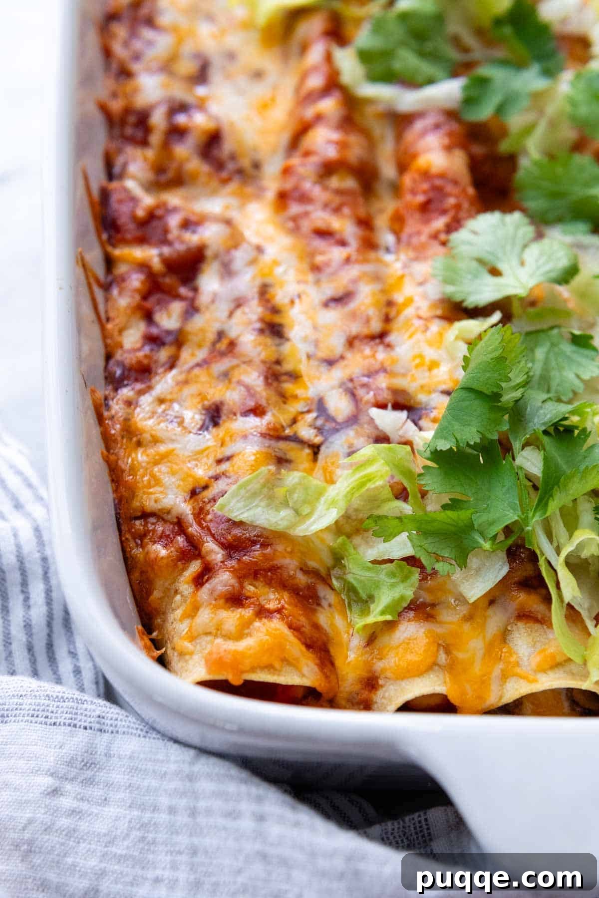Ultimate Gluten-Free Cheesy Beef and Bean Enchiladas 2 A baked enchilada casserole adorned with fresh lettuce and cilantro, ready to serve.