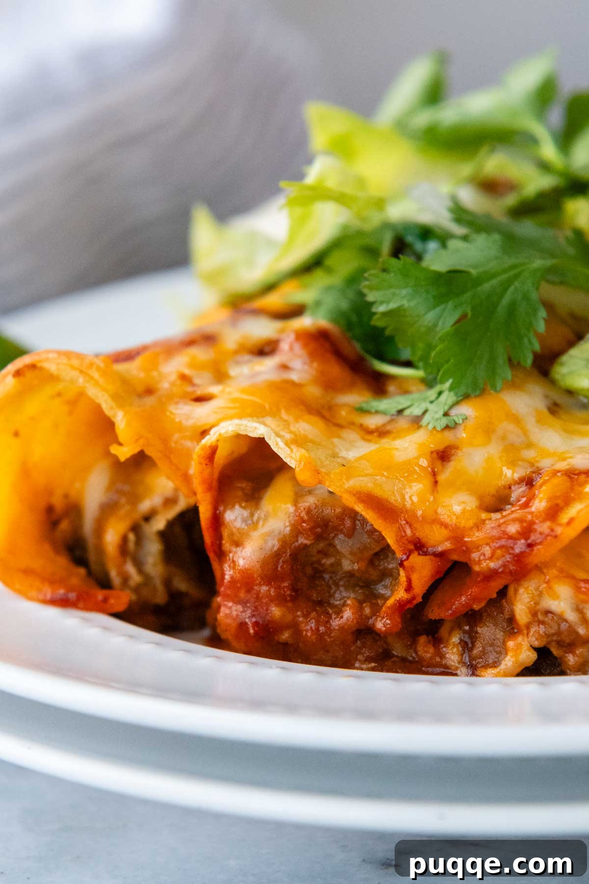 Ultimate Gluten-Free Cheesy Beef and Bean Enchiladas 9 A plate featuring three perfectly rolled enchiladas, with a close-up showing the rich, cheesy filling.