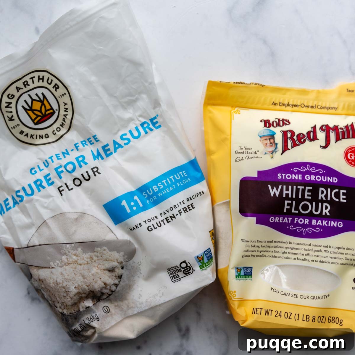 king arthur flour and white rice flour on a marble surface.