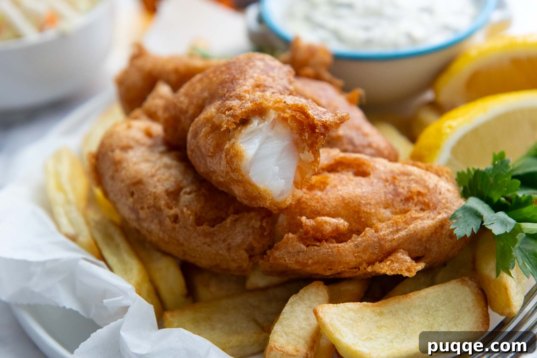 a piece of fish on french fries with a bite taken out.