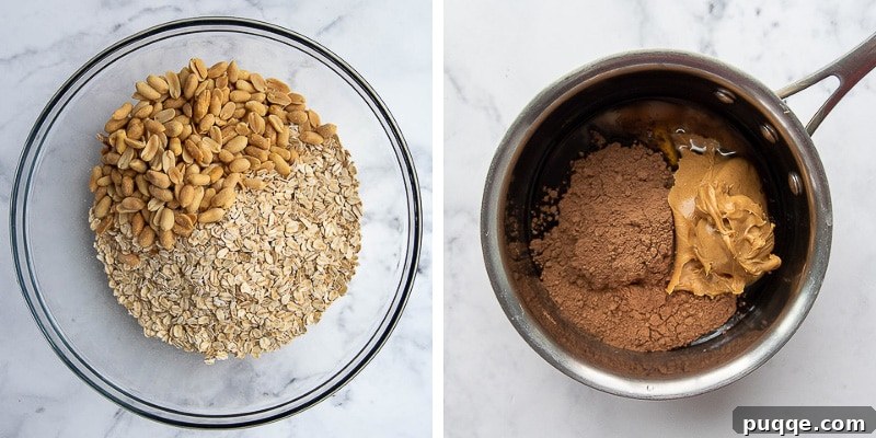 images showing how to make chocolate peanut butter mixture for granola