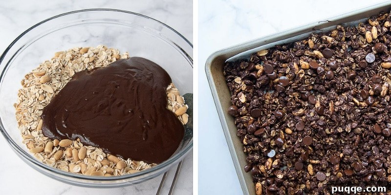 close up shot of chocolate peanut butter mixture for granola in a saucepan