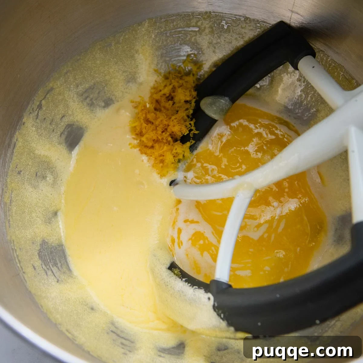 The egg yolks and sugar mixture after being beaten until pale and doubled in volume, ready for the next ingredients.