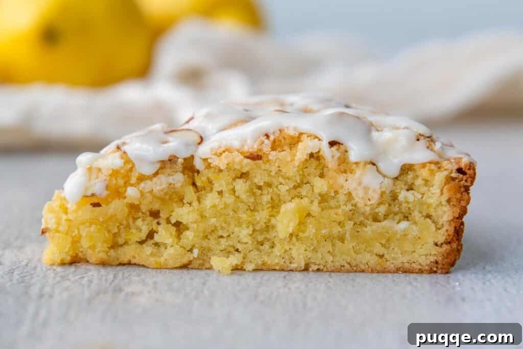 Close-up image of almond flour lemon cake with cornstarch, showing a notably light, airy, and fluffy crumb.