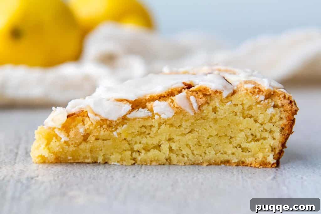 Close-up image of almond flour lemon cake without cornstarch, showing a denser, slightly more compressed crumb compared to the version with cornstarch.