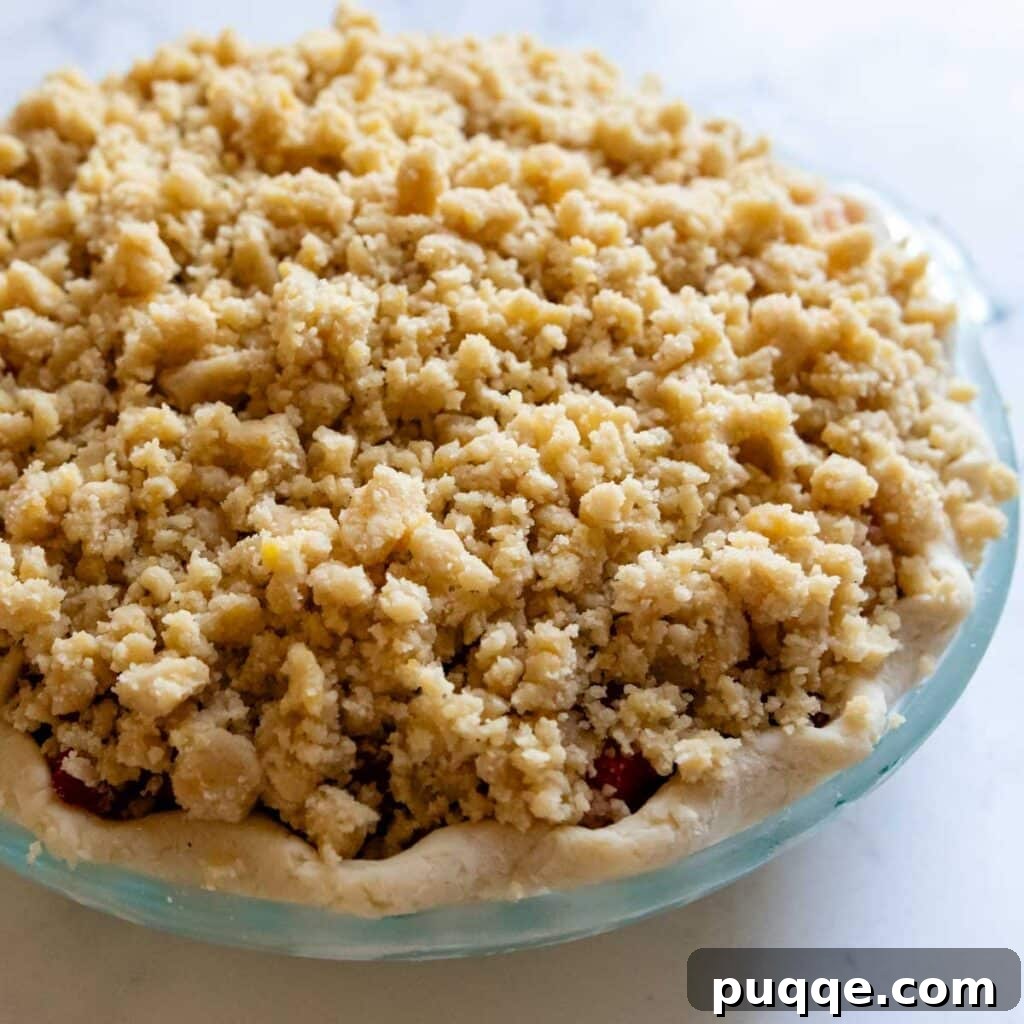 An unbaked gluten-free strawberry pie, with its vibrant red filling peeking through a generous layer of streusel topping, ready for the oven.