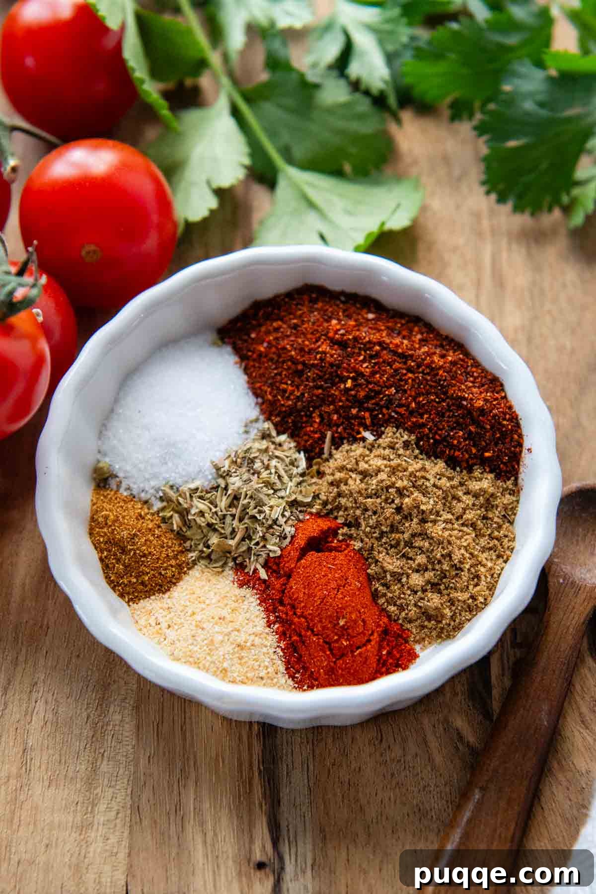 Easy DIY Gluten-Free Taco Spice Blend 2 a small white bowl with spices in it and cherry tomatoes next to it.