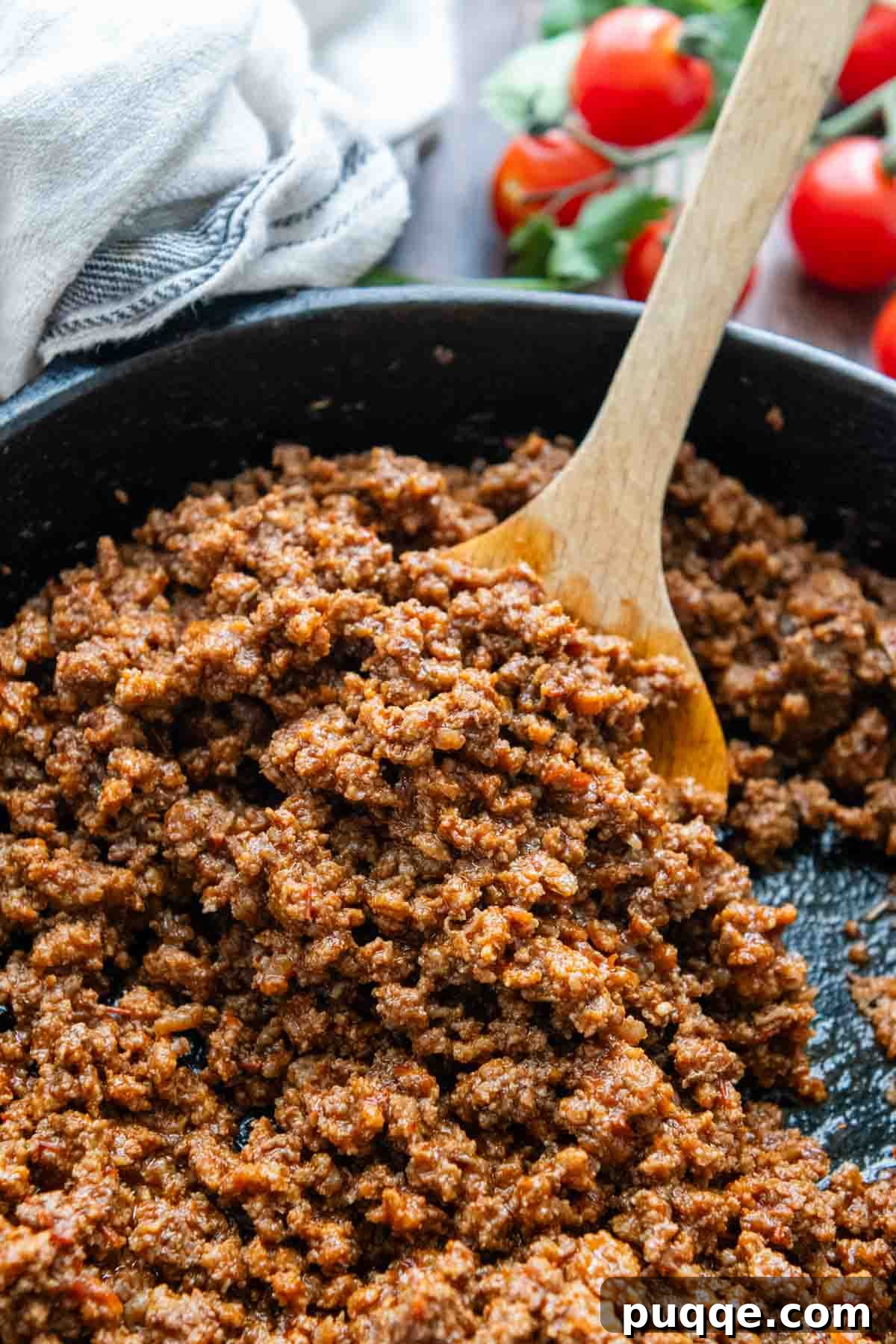 Revolutionary Gluten Free Weeknight Tacos 3 A close-up view of richly seasoned ground beef taco meat simmering in a pan, surrounded by vibrant cherry tomatoes, ready to be served.