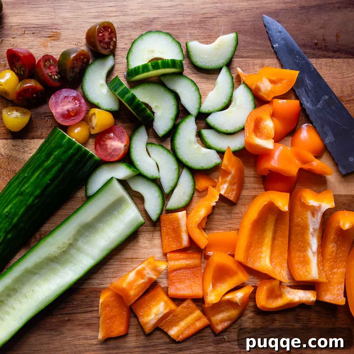 Freshly chopped vegetables, including tomatoes, cucumbers, and bell peppers, neatly arranged on a wooden cutting board.