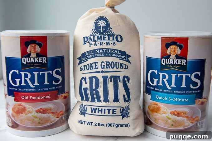An image displaying different types of dried grits, showcasing the visual distinctions between stone ground, regular, and quick-cooking varieties.