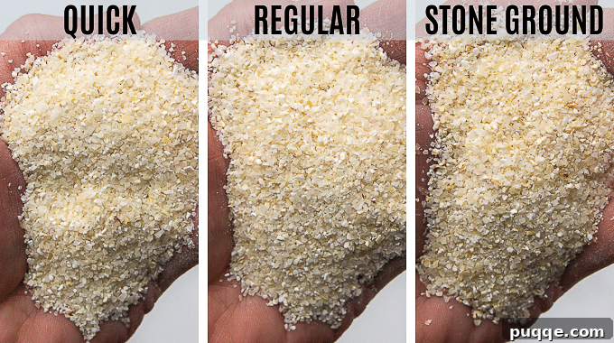 A hand holding three small bowls, each containing a different type of dried grits: quick, regular, and stone ground, illustrating their varying textures.