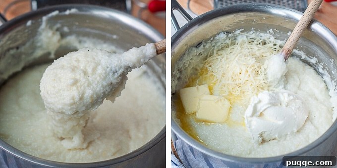 A step-by-step visual guide showing the process of making creamy grits, from simmering to adding final ingredients.