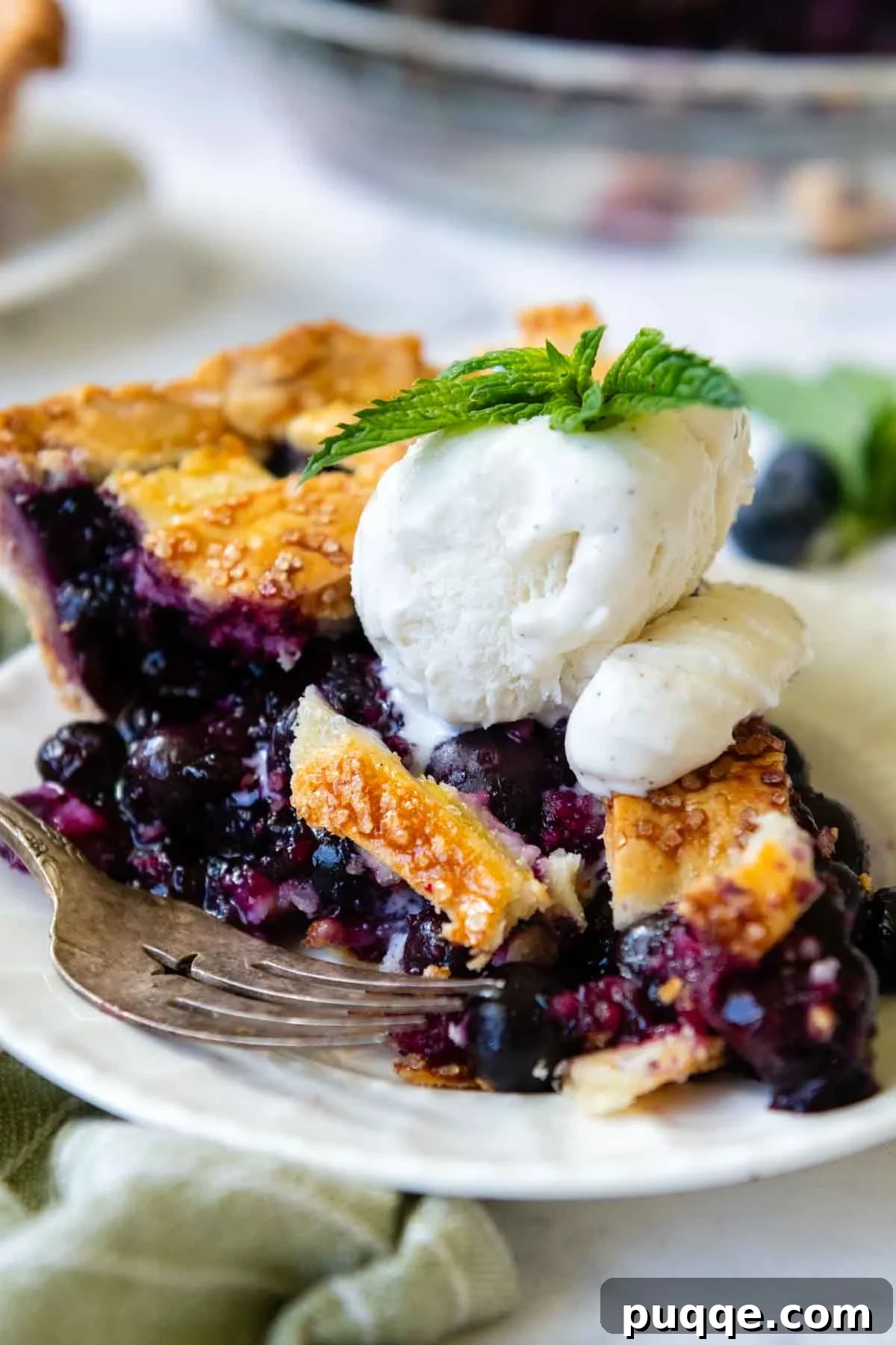 A delectable slice of gluten-free blueberry pie, topped with a scoop of vanilla ice cream and a sprig of fresh mint, resting on a pristine white plate.