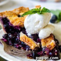 a slice of blueberry pie on a white plate with ice cream and sprig of mint on top.