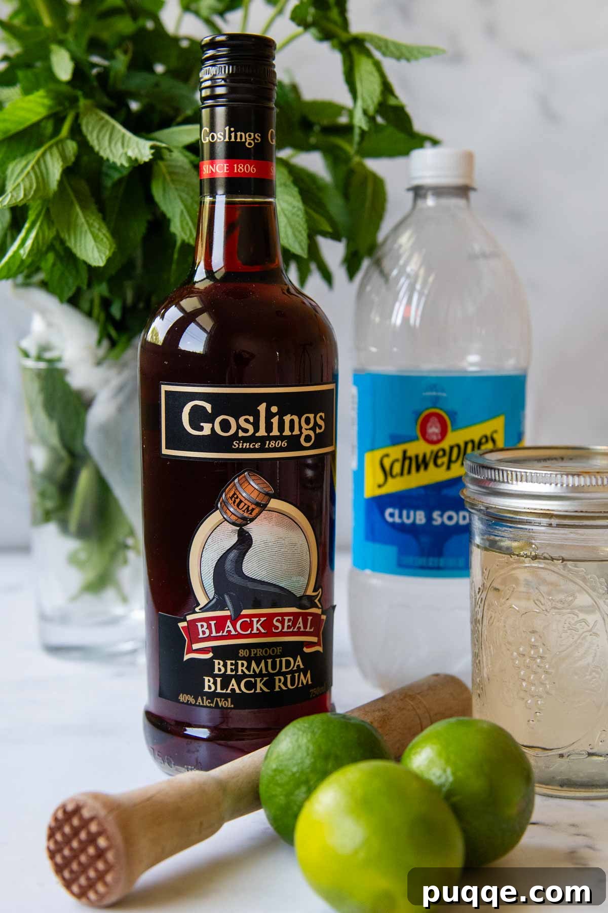 Ingredients laid out for making a dirty mojito, including a bottle of dark rum, limes, mint, simple syrup, and soda water.