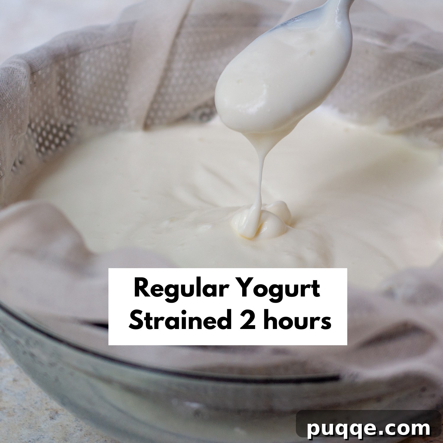 Homemade yogurt after 2 hours of straining, showing moderate thickness, ideal for a creamy texture.