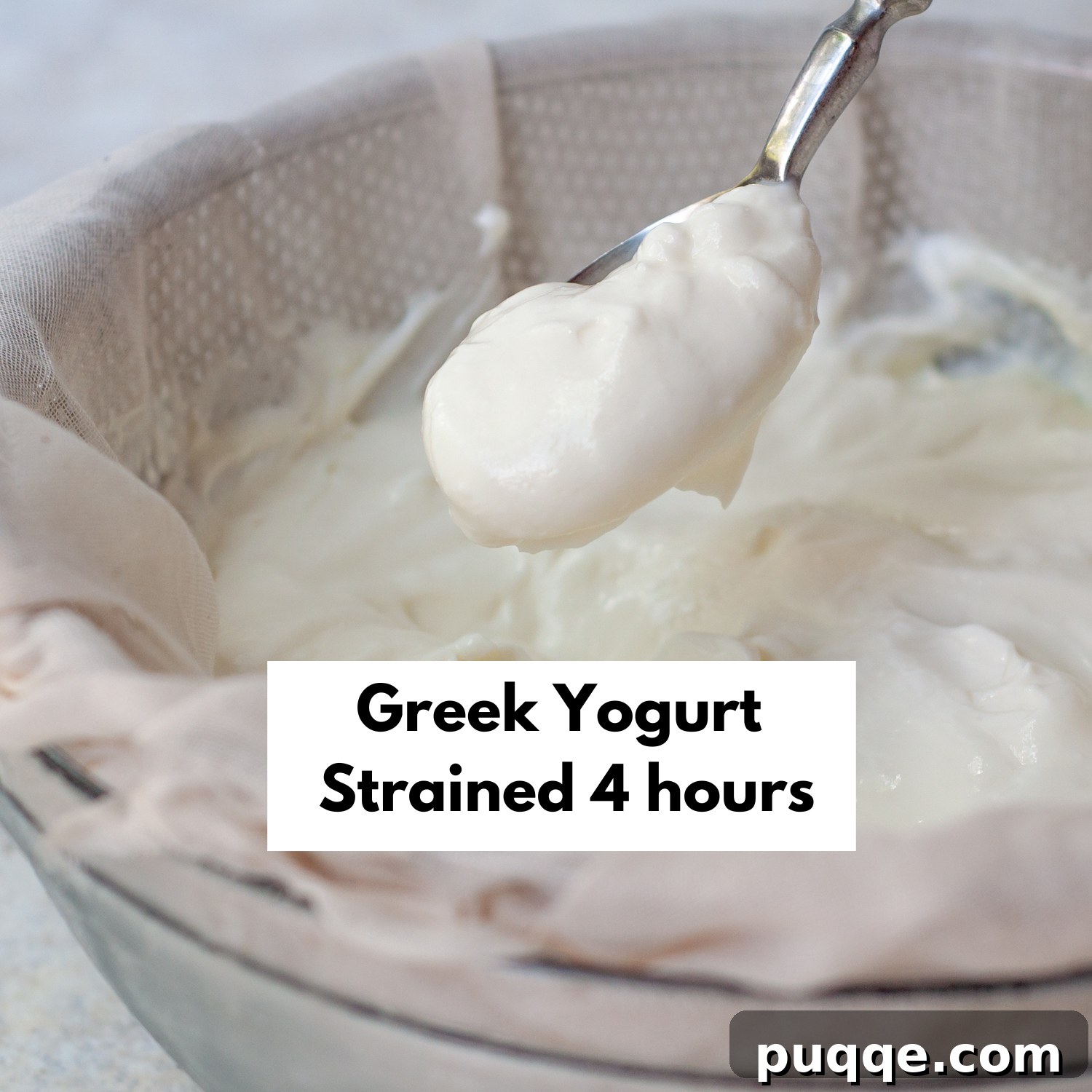 Homemade Greek yogurt after 4 hours of straining, achieving a very thick, dense consistency.