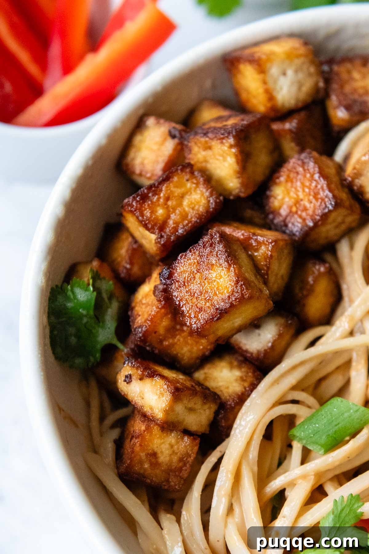 Serving Crispy Tofu with Peanut Noodles close up shot of crispy tofu in the serving bowl.