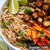 overhead shot of a bowl of peanut noodles with tofu carrots, peppers, and lime wedges.