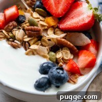 Close up of a bowl of yogurt with gluten-free muesli and fresh berries on top, ready to eat.
