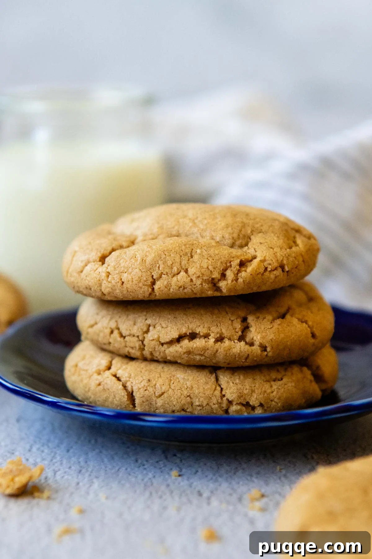 Melt-in-Your-Mouth Peanut Butter Oat Flour Cookies 2 Stack of three irresistibly soft and chewy peanut butter oat flour cookies on a charming blue plate, ready to be enjoyed.