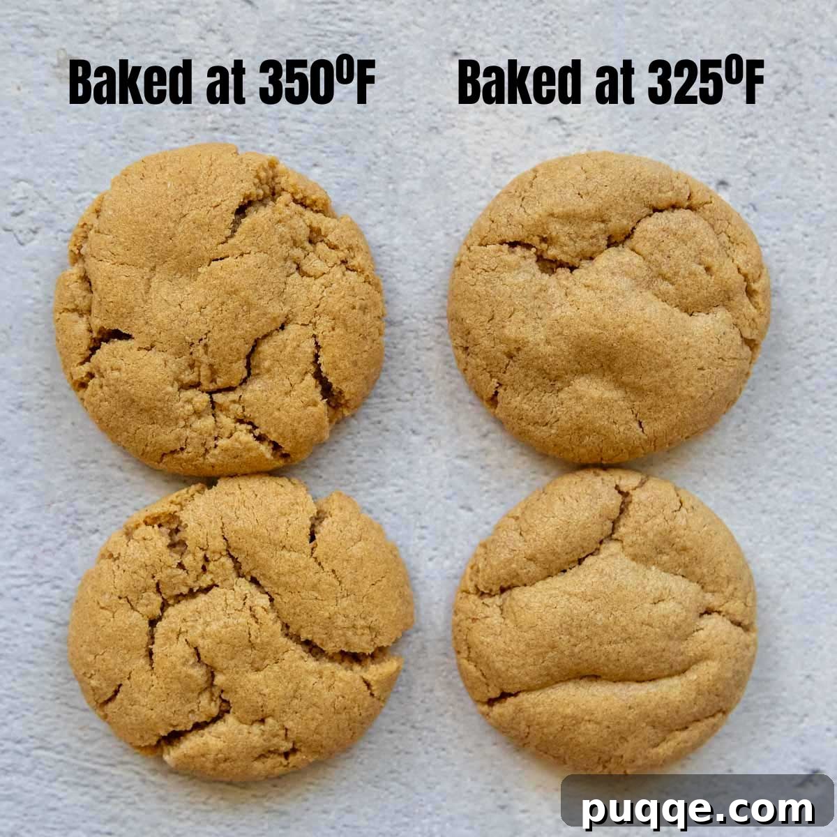 Melt-in-Your-Mouth Peanut Butter Oat Flour Cookies 6 Four distinct peanut butter oat flour cookies displayed against a white background, showcasing the visual difference between various baking temperatures and textures, from soft to crispy.