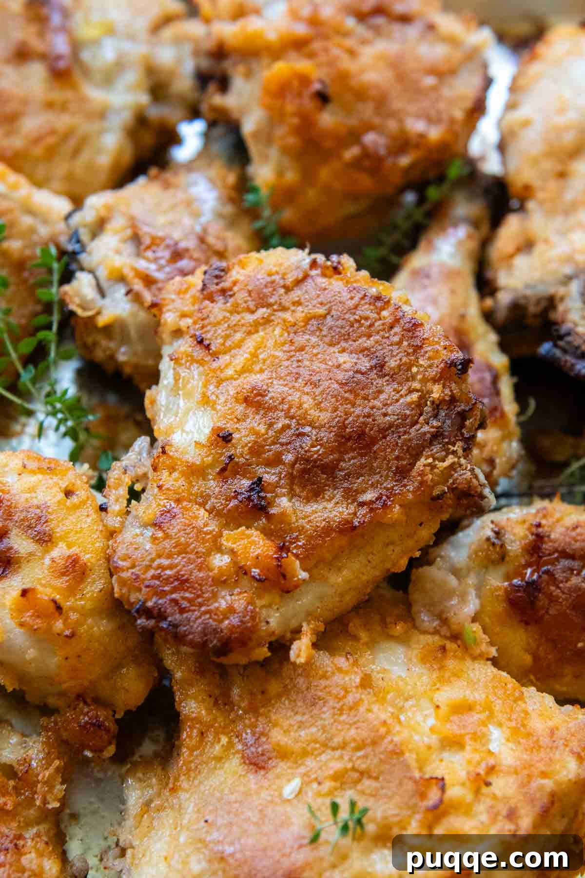 Crispy Gluten-Free Oven Fried Chicken 2 Close-up of golden brown gluten-free oven-fried chicken pieces on a baking sheet, showcasing their crispy skin.